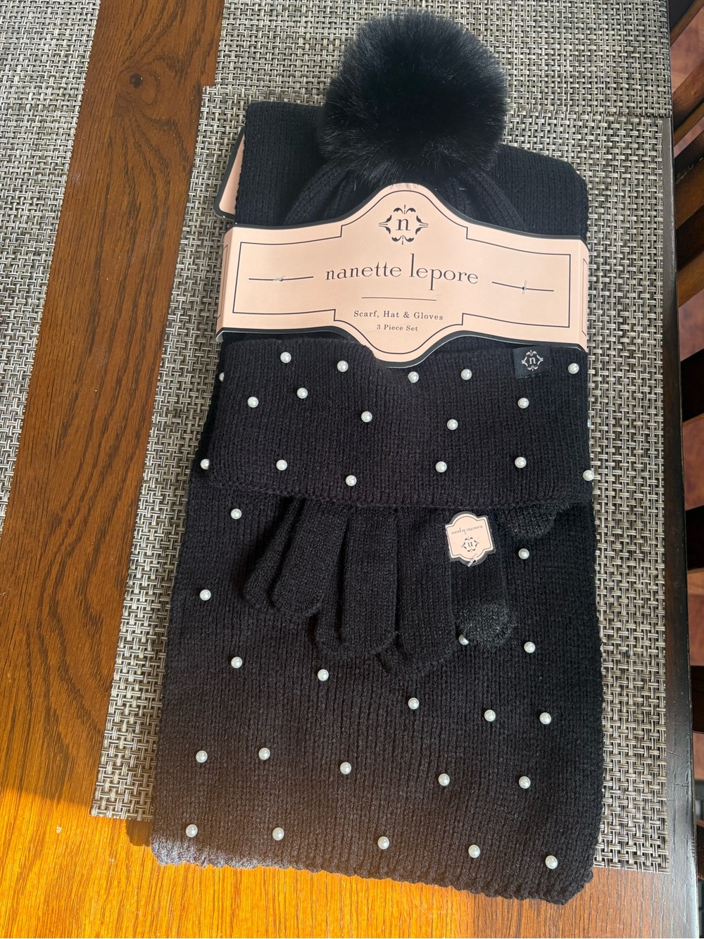 Nanette Lepore Black Knit Hat Scarf & Gloves Set with Pearl Studs